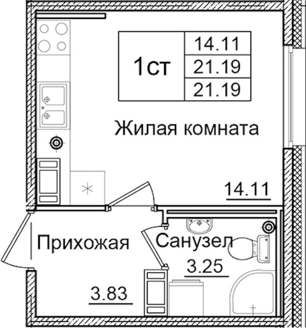 Квартира студия 21.19 м², 9/9 эт., ЖК «Квартал Заречье»